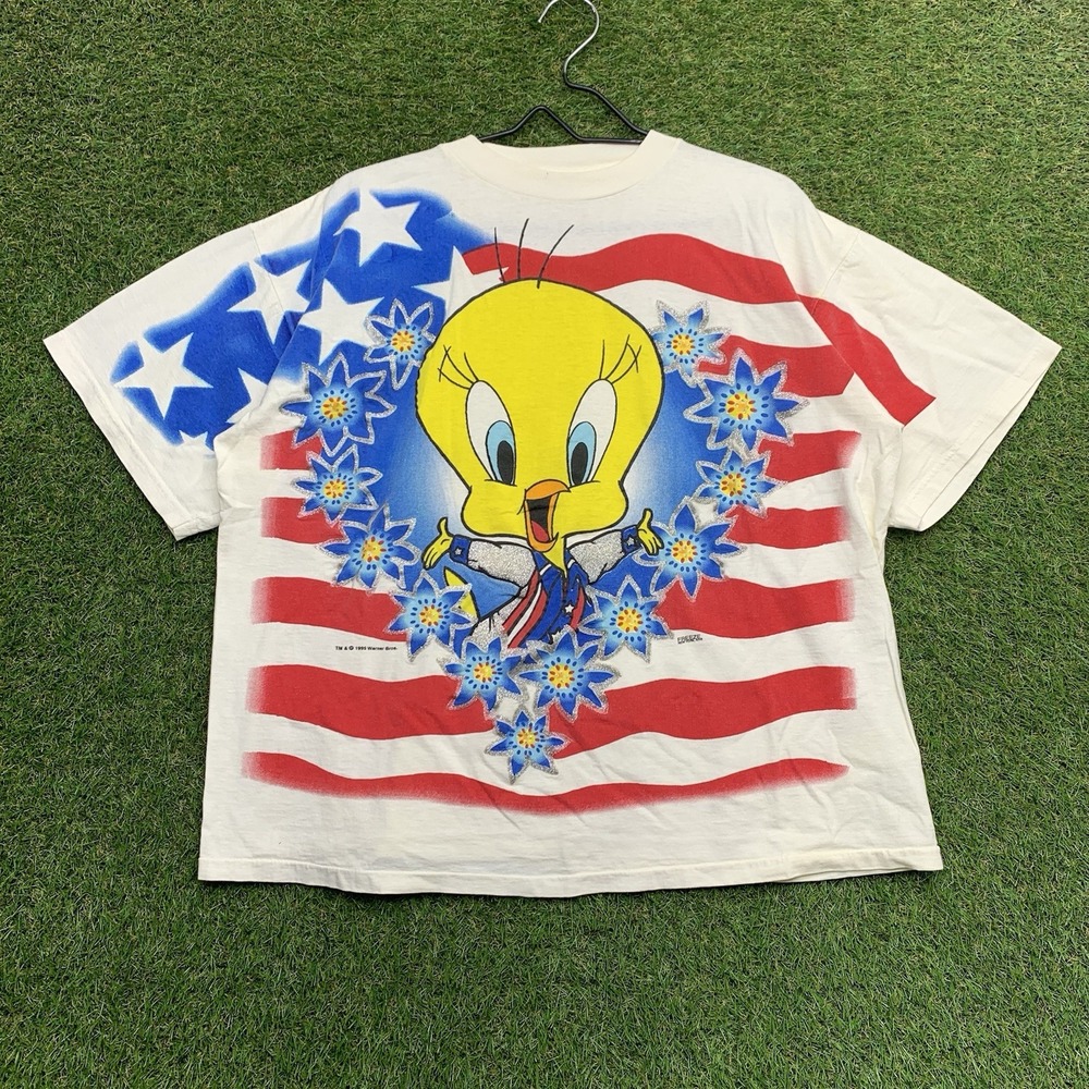 Vintage Looney Tunes Tweety Bird Shirt Mens XL USA Flag Tee AOP Single Stitch